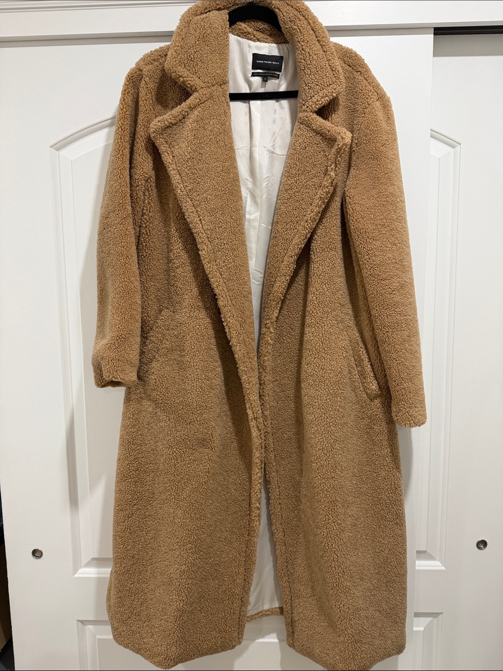 Something Navy Teddy Faux-Shearling Long Coat in Camel Brown